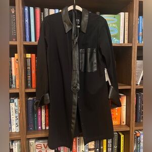 Black Faux Leather Trim Shirt Dress